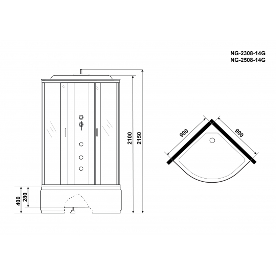 Душевая кабина NIAGARA NG-2508-14G 90x90x215 тонированные стёкла, с высоким поддоном, с сиденьем