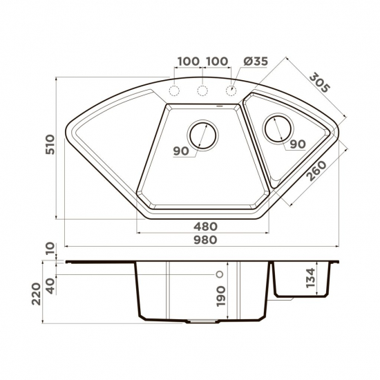 Мойка для кухни OMOIKIRI Yonaka 98C 1.5 чаши+крыло 980х510 мм угловая, leningrad grey