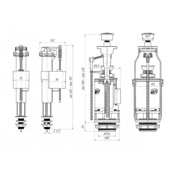 Сливной механизм АНИ ПЛАСТ WC9510C с нижней подводкой G 1/2", пластик штуцер 2-х кнопочный хром