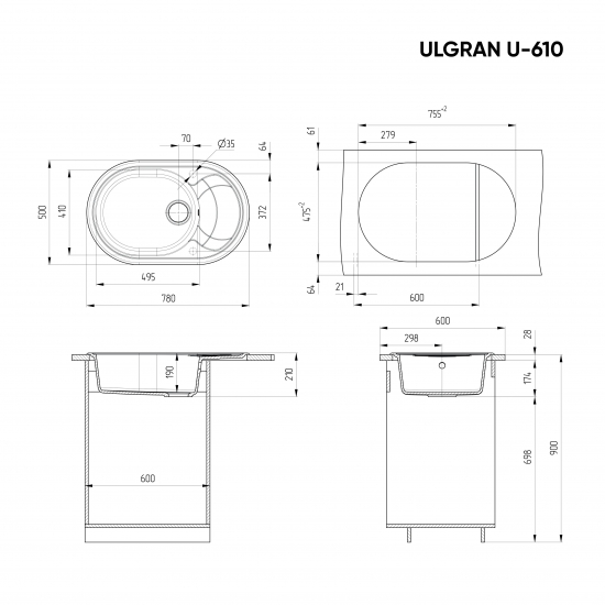 Мойка для кухни ULGRAN U-610 чаша+крыло 780х500 мм, тёмно-серый