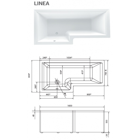 Акриловая ванна 1МАРКА  Linea L 165x85 см, с каркасом, асимметричная