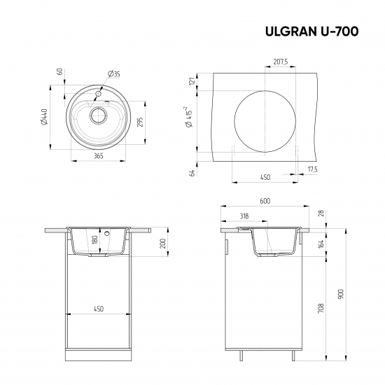 Мойка для кухни ULGRAN U-700 D=440 мм, антрацит