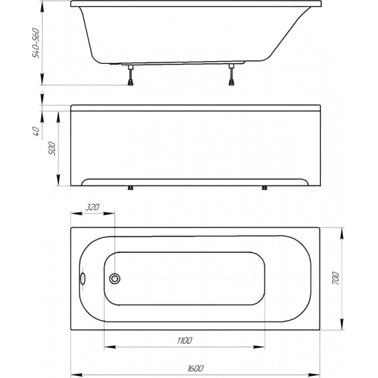 Акриловая ванна АКВАТЕК Лугано LUG160-0000001 160x70 см, с каркасом