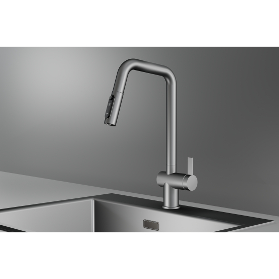 Смеситель для кухни GRANULA KS-7273 с вытяжным изливом, с подключением к фильтру, сталь матовая