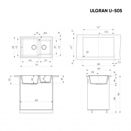 Мойка для кухни ULGRAN U-505 1.5 чаши 770х500 мм, антрацит