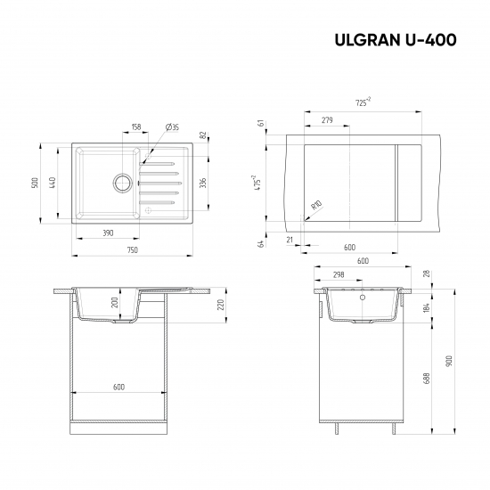 Мойка для кухни ULGRAN U-400 чаша+крыло 750х500 мм, белый