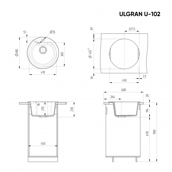 Мойка для кухни ULGRAN U-102 D=480 мм, белый