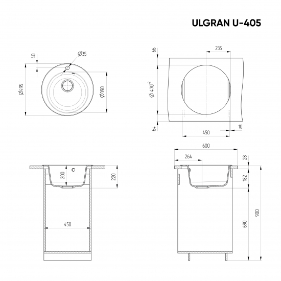 Мойка для кухни ULGRAN U-405 D=495 мм, песочный