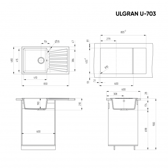 Мойка для кухни ULGRAN U-703 чаша+крыло 830х480 мм, графит