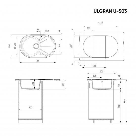 Мойка для кухни ULGRAN U-503 чаша+крыло 750х480 мм, терракот