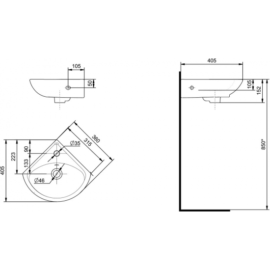 Раковина SANTEK Ирис 36 см 1WH110514, угловая