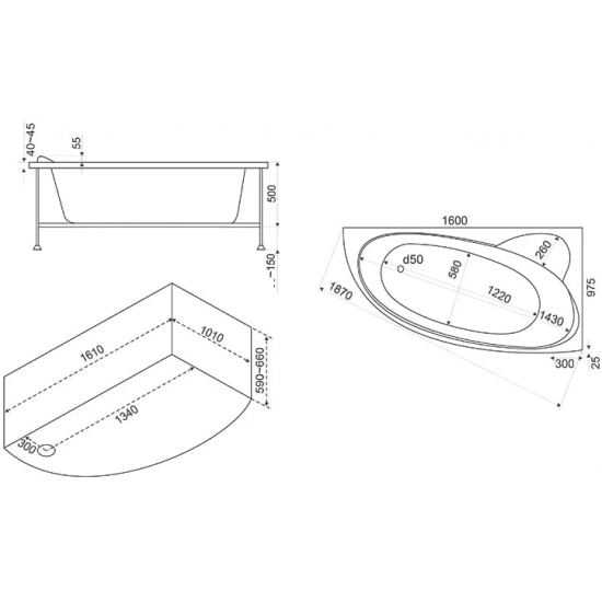 Акриловая ванна BAS Сагра R 160x100 см, угловая, с каркасом, асимметричная