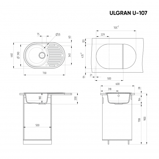 Мойка для кухни ULGRAN U-107 чаша+крыло 730х460 мм, серый