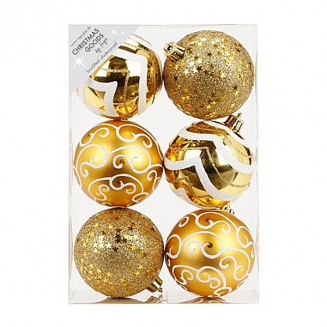 Набор ёлочных шаров, пластик, Ø 8 см, золотой, 6 шт в уп