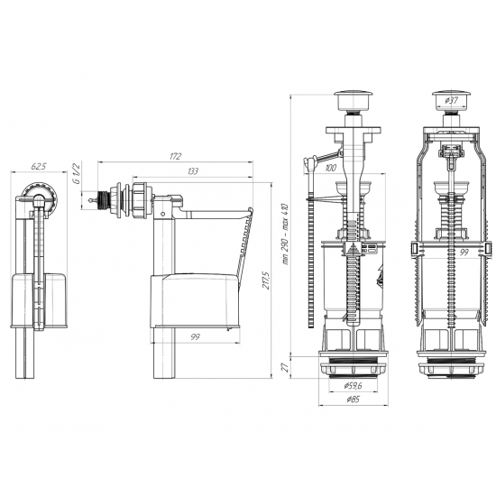 Сливной механизм АНИ ПЛАСТ WC6050 с боковой подводкой G 1/2", белая кнопка эконом