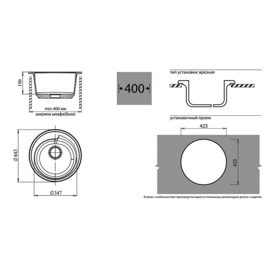 Мойка для кухни керамогранит GRANFEST GF-R450 D443 мм (топаз)