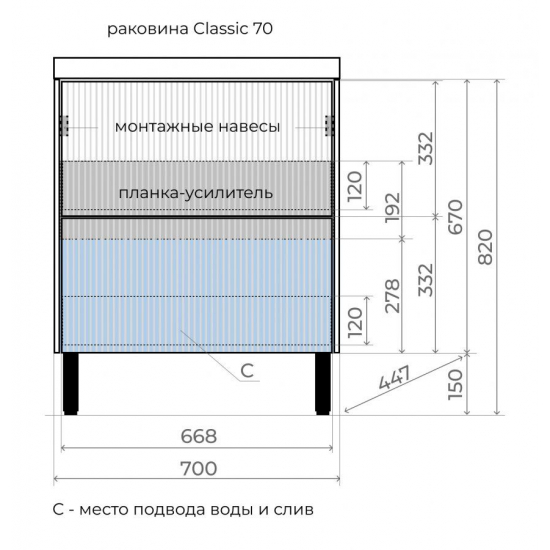 Тумба с раковиной STYLE LINE Стокгольм 70 рифленый софт напольная, раковина Andrea Classic 70
