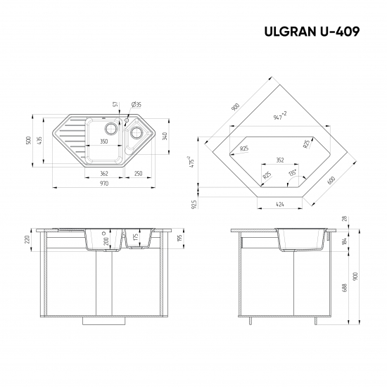 Мойка для кухни ULGRAN U-409 1.5 чаши+крыло, угловая 970х500 мм, терракот