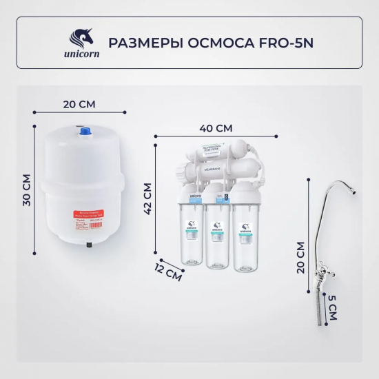 Система обратного осмоса UNICORN FRO-5N с краном, прозрачный корпус