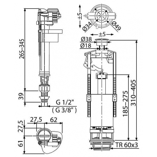 Сливной механизм ALCA PLAST SA2000SK 1/2" CHROM хром нижняя подводка латунь