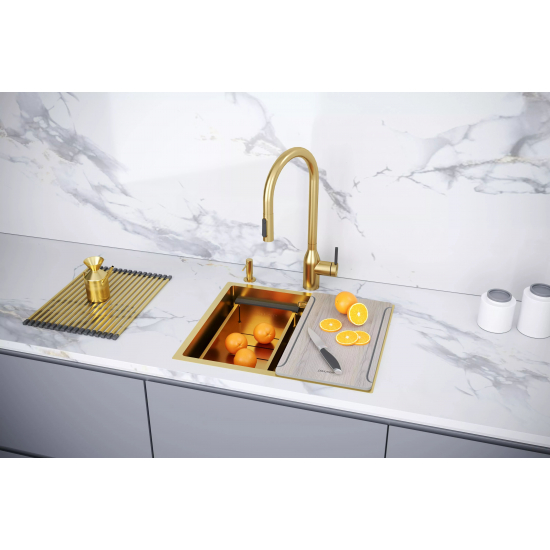 Мойка для кухни PAULMARK Next-Pro 54 UNI 540х450x1,2 мм, с ролл-матом, золото
