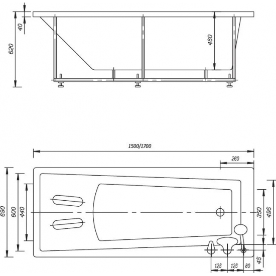 Акриловая ванна АКВАТЕК Либра LIB170-0000024 170x70 см,с каркасом и фронтальным экраном, слив справа