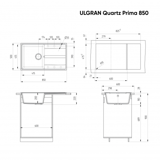 Мойка для кухни ULGRAN Quartz Prima 850 чаша+крыло 850х500 кварцевая, лён