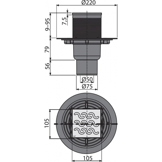 Душевой трап ALCA-PLAST APV202 105x105x50/75