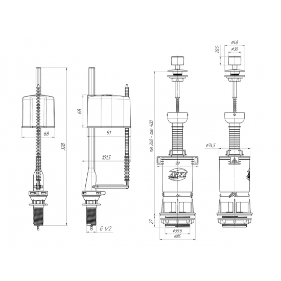 Сливной механизм АНИ ПЛАСТ WC4550 с нижней подводкой G 1/2", белый шток эконом