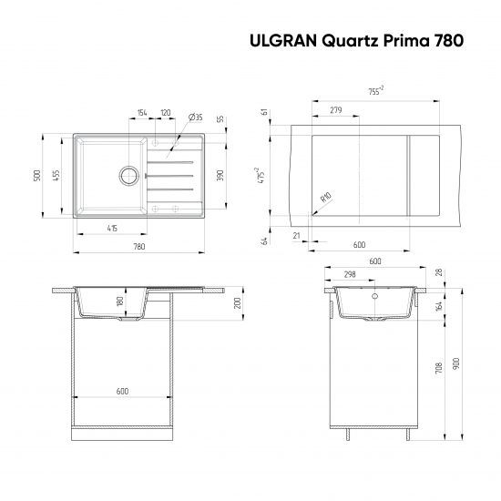 Мойка для кухни ULGRAN Quartz Prima 780 чаша+крыло 780х500 кварцевая, асфальт