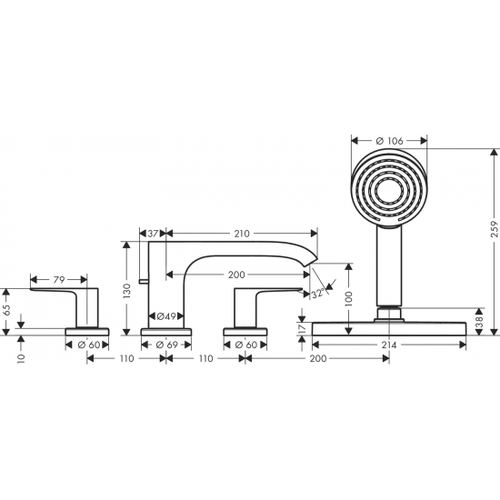 Смеситель на борт ванны HANSGROHE Vivenis 75444670 матовый чёрный