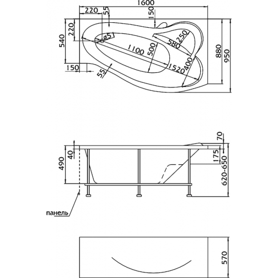 Акриловая ванна 1МАРКА  Gracia L 160x95 см, без опоры угловая, асимметричная