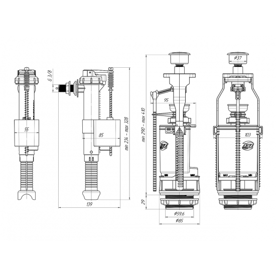 Сливной механизм АНИ ПЛАСТ WC8030C с боковой подводкой G 3/8", с пластиковым штуцером кнопка хром