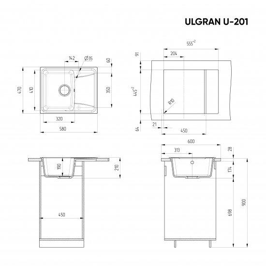 Мойка для кухни ULGRAN U-201 чаша+крыло 580х470 мм, ультра-белый