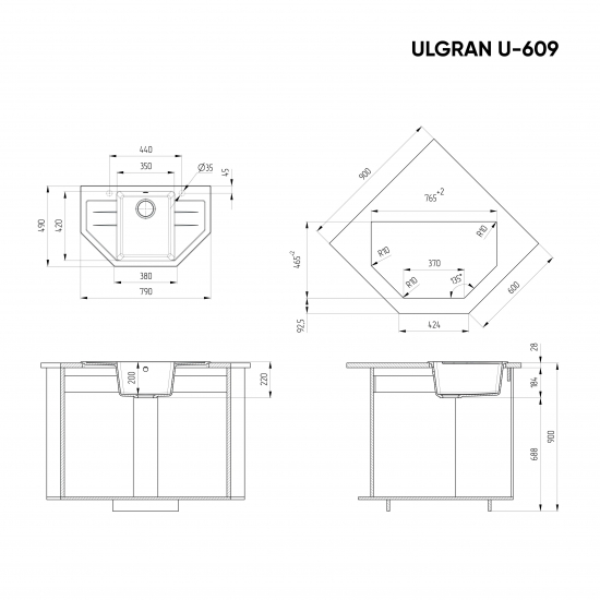 Мойка для кухни ULGRAN U-609 чаша+2 крыла, угловая 790х490 мм, белый