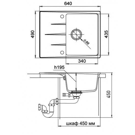 Мойка для кухни EWIGSTEIN Gerd 45F 1чаша+крыло 640х490мм кварцевая, серый металлик