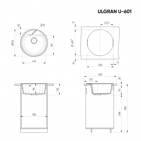 Мойка для кухни ULGRAN U-601 D=510 мм, чёрный