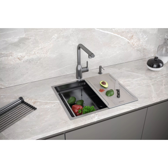 Мойка для кухни PAULMARK Next-Pro 54 UNI 540х450x1,2 мм, с ролл-матом, воронёная сталь