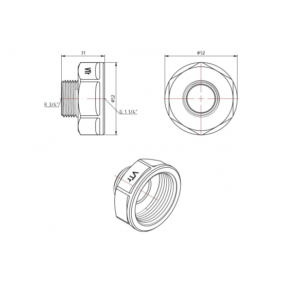 Переходник резьбовой VALTEC 1 1/4" х 3/4" латунный 32-20 мм VTr.592.N.0705