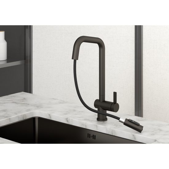 Смеситель для кухни GRANULA KS-7273 с вытяжным изливом, с подключением к фильтру, графит матовый