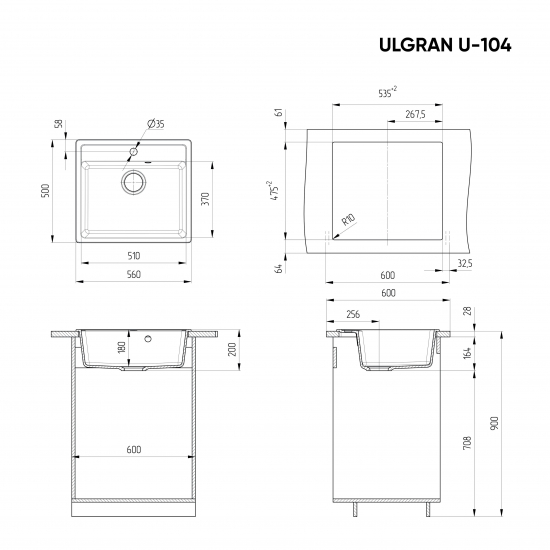 Мойка для кухни ULGRAN U-104 560х500 мм, тёмно-серый