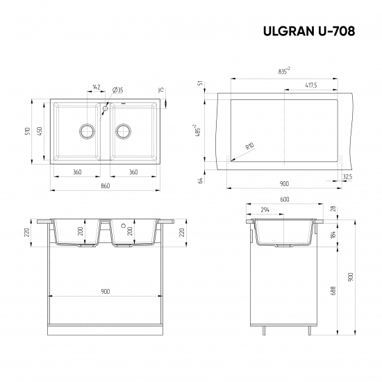Мойка для кухни ULGRAN U-708 2 чаши 860х510 мм, тёмно-серый
