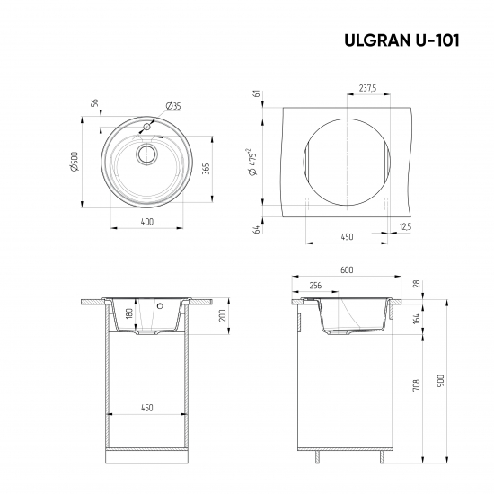 Мойка для кухни ULGRAN U-101 D=500 мм, белый