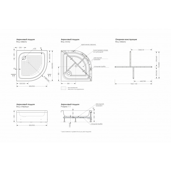 Душевой поддон МЕТАКАМ Classic S 80x80x30 акрил, (каркас+экран)