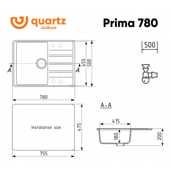 Мойка для кухни кварцевая ULGRAN Quartz Prima 780*500мм с крылом, платина