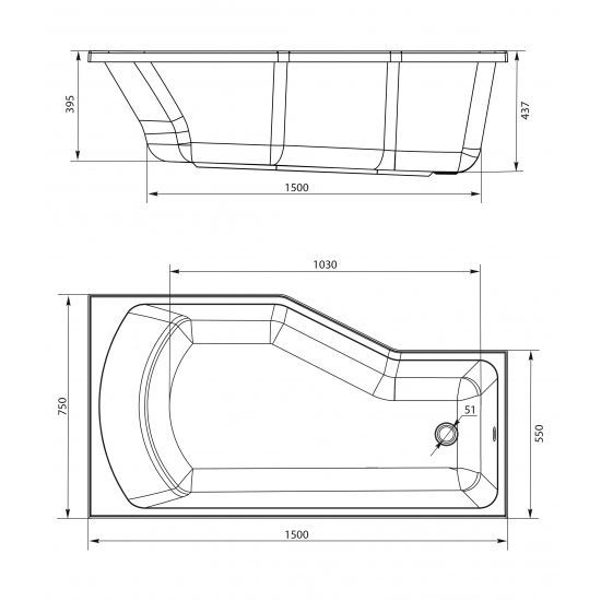 Акриловая ванна 1МАРКА  Convey R 150x75 см, с ножками, асимметричная