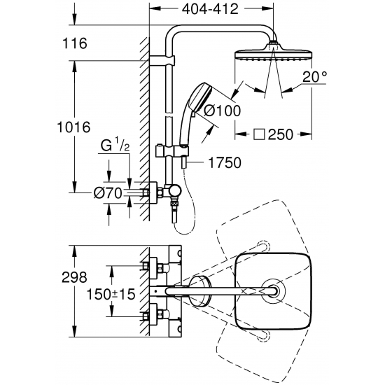 Душевая стойка GROHE Tempesta Cosmopolitan Cube 250 26689000 с термостатом