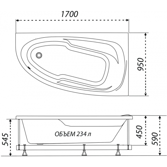 Акриловая ванна 1ACReal Мадрид L 170x95 см, угловая, с каркасом, асимметричная