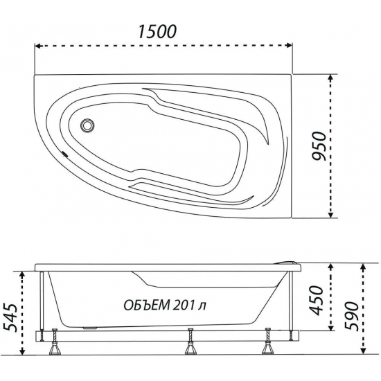 Акриловая ванна 1ACReal Мадрид Щ0000045643 L без опоры 150x95 см, угловая, асимметричная