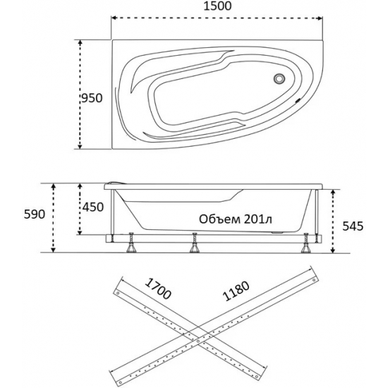 Акриловая ванна 1ACReal Мадрид Щ0000045644 R без опоры 150x95 см, угловая, асимметричная